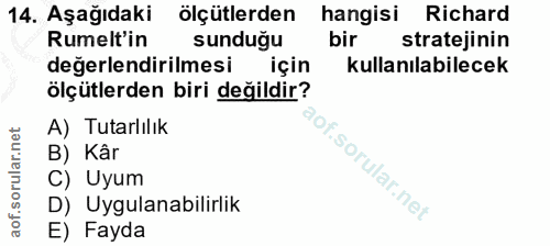 14. soru: Aşağıdaki ölçütlerden hangisi Richard Rumelt'in sunduğu bir stratejinin değerlendirilmesi için kullanılabilecek ölçüt…