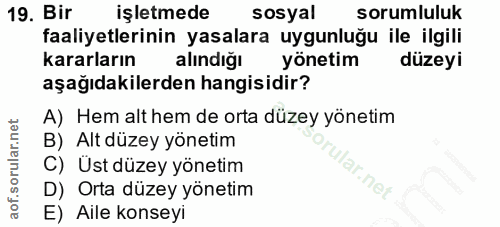 19. soru: Bir işletmede sosyal sorumluluk faaliyetlerinin yasalara uygunluğu ile ilgili kararların alındığı yönetim düzeyi aşağ…