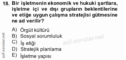 18. soru: Bir işletmenin ekonomik ve hukuki şartlara, işletme içi ve dışı grupların beklentilerine ve etiğe uygun çalışma strat…