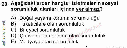 20. soru: Aşağıdakilerden hangisi işletmelerin sosyal sorumluluk alanları içinde yer almaz? A) Doğal yaşamı koruma sorumluluğu…
