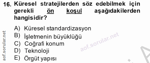 16. soru: Küresel stratejilerden söz edebilmek için gerekli ön koşul aşağıdakilerden hangisidir? A) Küresel standardizasyon B)…