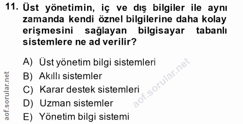 11. soru: Ust yönetimin, iç ve dış bilgiler ile aynı zamanda kendi öznel bilgilerine daha kolay erişmesini sağlayan bilgisayar…