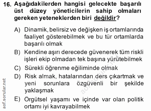 16. soru: Aşağıdakilerden hangisi gelecekte başarılı üst düzey yöneticilerin sahip olmaları gereken yeteneklerden biri değildir…