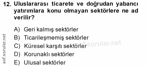 12. soru: Uluslararası ticarete ve doğrudan yabancı yatırımlara konu olmayan sektörlere ne ad verilir? A) Geri kalmış sektörler…