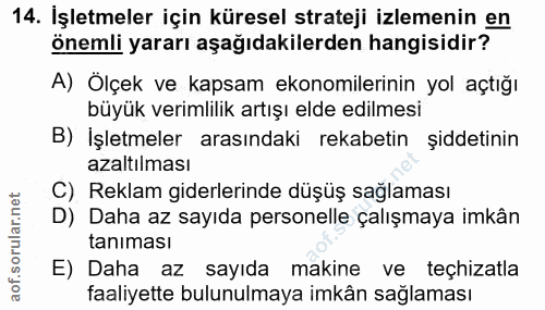 14. soru: İşletmeler için küresel strateji izlemenin en önemli yararı aşağıdakilerden hangisidir? A) Ölçek ve kapsam ekonomiler…