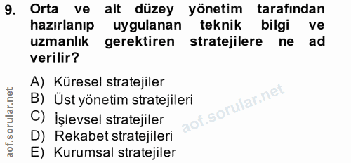 9. soru: Orta ve alt düzey yönetim tarafından hazırlanıp uygulanan teknik bilgi ve uzmanlık gerektiren stratejilere ne ad veri…