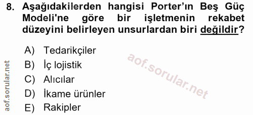 8. soru: Aşağıdakilerden hangisi Porter'ın Beş Güç Modeli'ne göre bir işletmenin rekabet düzeyini belirleyen unsurlardan biri…