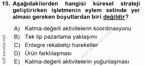 15. soru: Aşağıdakilerden hangisi küresel strateji geliştirirken işletmenin eylem setinde yer alması gereken boyutlardan biri d…
