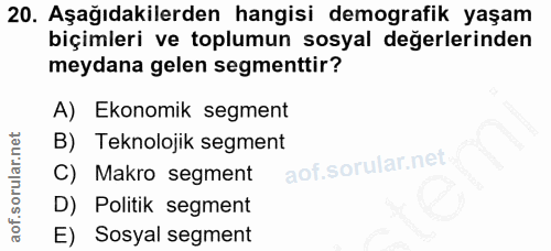 20. soru: Aşağıdakilerden hangisi demografik yaşam biçimleri ve toplumun sosyal değerlerinden meydana gelen segmenttir? A) Ekon…