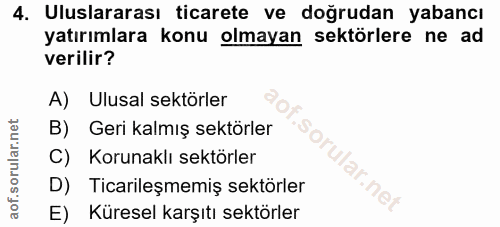 4. soru: Uluslararası ticarete ve doğrudan yabancı yatırımlara konu olmayan sektörlere ne ad verilir? A) Ulusal sektörler B) G…