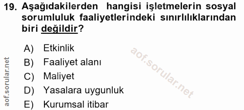 19. soru: Aşağıdakilerden hangisi işletmelerin sosyal sorumluluk faaliyetlerindeki sınırlılıklarından biri değildir? A) Etkinli…
