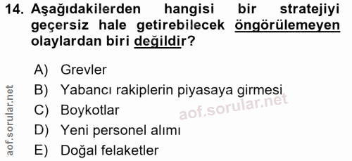 14. soru: Aşağıdakilerden hangisi bir stratejiyi geçersiz hale getirebilecek öngörülemeyen olaylardan biri değildir? A) Grevler…