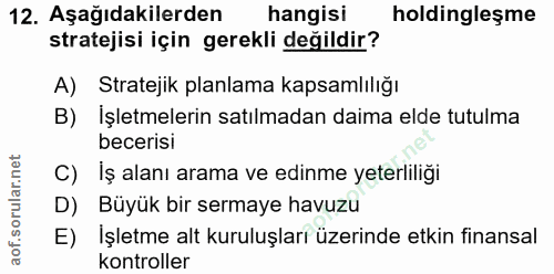 12. soru: Aşağıdakilerden hangisi holdingleşme stratejisi için gerekli değildir? A) Stratejik planlama kapsamlılığı B) İşletmel…