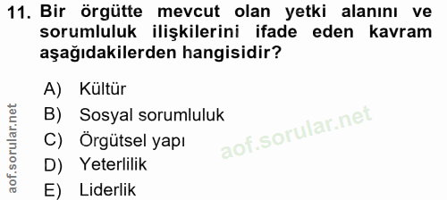 11. soru: Bir örgütte mevcut olan yetki alanını ve sorumluluk ilişkilerini ifade eden kavram aşağıdakilerden hangisidir? A) Kül…