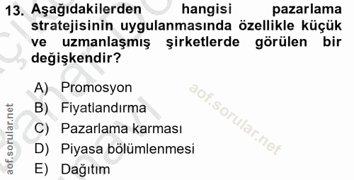 13. soru: Aşağıdakilerden hangisi pazarlama stratejisinin uygulanmasında özellikle küçük ve uzmanlaşmış şirketlerde görülen bir…