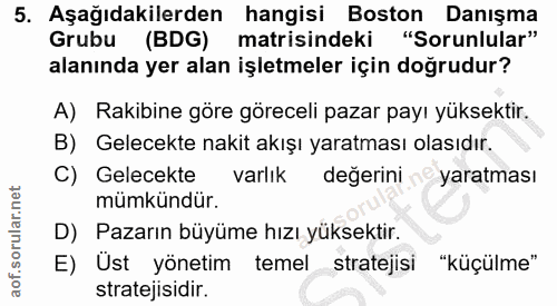 5. soru: Aşağıdakilerden hangisi Boston Danışma Grubu (BDG) matisindeki "Sorunlular" alanında yer alan işletmeler için doğrudu…