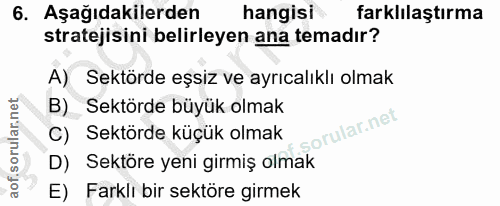 6. soru: Aşağıdakilerden hangisi farklilaştırma stratejisini belirleyen ana temadır? A) Sektörde eşsiz ve ayrıcalıklı olmak B)…