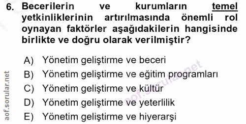 6. soru: Becerilerin ve kurumların temel yetkinliklerinin artırılmasında önemli rol oynayan faktörler aşağıdakilerin hangisind…