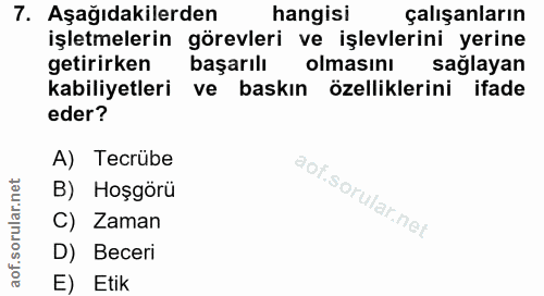7. soru: Aşağıdakilerden hangisi çalışanların işletmelerin görevleri ve işlevlerini yerine getirirken başarılı olmasinı sağlay…
