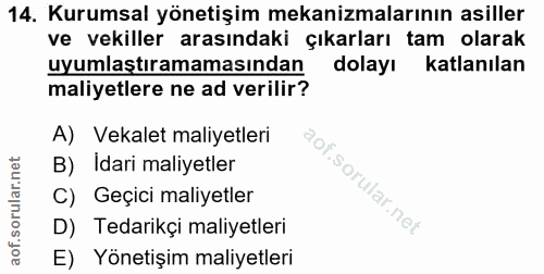 14. soru: Kurumsal yönetişim mekanizmalarının asiller ve vekiller arasındaki çıkarları tam olarak uyumlaştıramamasından dolayı…
