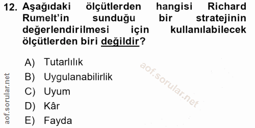 12. soru: Aşağıdaki ölçütlerden hangisi Richard Rumelt'in sunduğu bir stratejinin değerlendirilmesi için kullanılabilecek ölçüt…