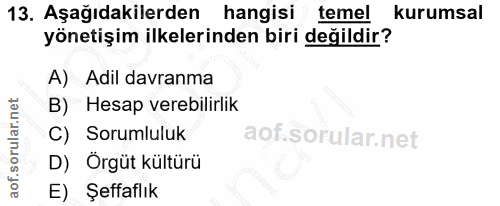 13. soru: Aşağıdakilerden hangisi temel kurumsal yönetişim ilkelerinden biri değildir? A) Adil davranma B) Hesap verebilirlik C…