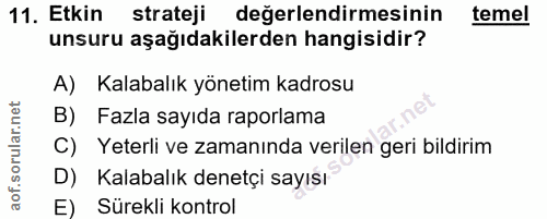 11. soru: Etkin strateji değerlendirmesinin temel unsuru aşağıdakilerden hangisidir? A) Kalabalık yönetim kadrosu B) Fazla sayı…