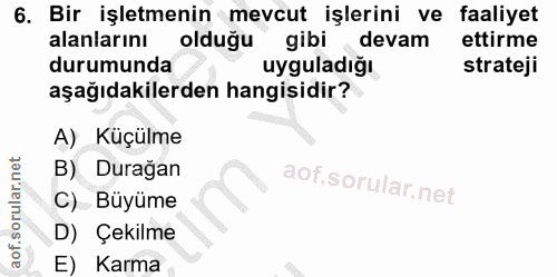 6. soru: Bir işletmenin mevcut işlerini ve faaliyet alanlarını olduğu gibi devam ettirme durumunda uyguladığı strateji aşağıda…