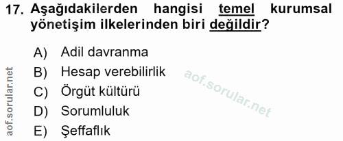 17. soru: Aşağıdakilerden hangisi temel kurumsal yönetişim ilkelerinden biri değildir? A) Adil davranma B) Hesap verebilirlik C…