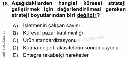 18. soru: Aşağıdakilerden hangisi küresel strateji geliştirmek için değerlendirilmesi gereken strateji boyutlarından biri değil…