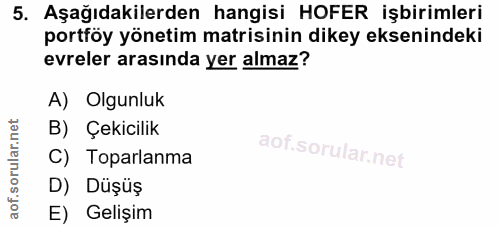 5. soru: Aşağıdakilerden hangisi HOFER işbirimleri portföy yönetim matisinin dikey eksenindeki evreler arasında yer almaz? A)…