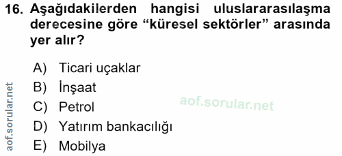 16. soru: Aşağıdakilerden hangisi uluslararasılaşma derecesine göre "küresel sektörler" arasında yer alır? A) Ticari uçaklar B)…