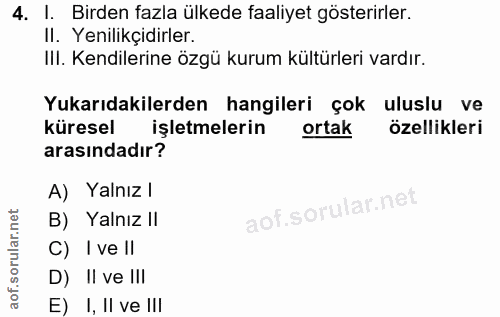 4. soru: I. Birden fazla ülkede faaliyet gösterirler. II. Yenilikçidirler. III. Kendilerine özgü kurum kültürleri vardır. Yuka…