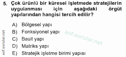 5. soru: Çok ürünlü bir küresel işletmede stratejilerin uygulanması aşağıdaki örgüt yapılarından hangisi tercih edilir? A) Böl…