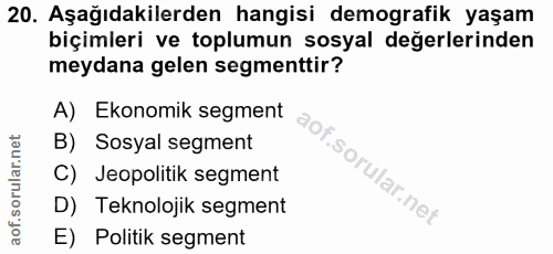 20. soru: Aşağıdakilerden hangisi demografik yaşam biçimleri ve toplumun sosyal değerlerinden meydana gelen segmenttir? A) Ekon…