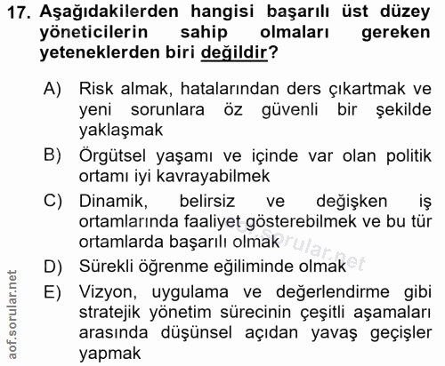 17. soru: Aşağıdakilerden hangisi başarılı üst düzey yöneticilerin sahip olmaları gereken yeteneklerden biri değildir? A) Risk…
