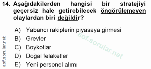14. soru: Aşağıdakilerden hangisi bir stratejiyi geçersiz hale getirebilecek öngörülemeyen olaylardan biri değildir? A) Yabancı…