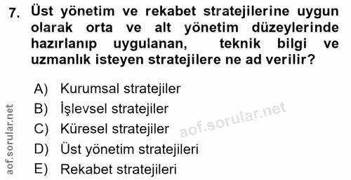 7. soru: Ust yönetim ve rekabet stratejilerine uygun olarak orta ve alt yönetim düzeylerinde hazırlanıp uygulanan, teknik bilg…