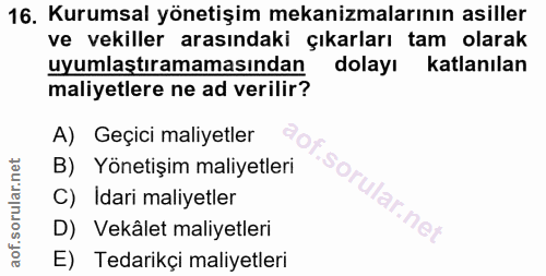 16. soru: Kurumsal yönetişim mekanizmalarının asiller ve vekiller arasındaki çıkarları tam olarak uyumlaştıramamasından dolayı…