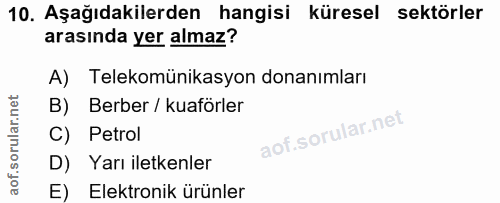 10. soru: Aşağıdakilerden hangisi küresel sektörler arasında yer almaz? A) Telekomünikasyon donanımları B) Berber / kuaförler C…