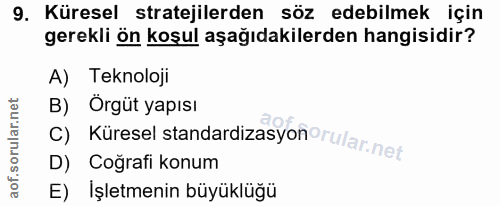 9. soru: Küresel stratejilerden söz edebilmek için gerekli ön koşul aşağıdakilerden hangisidir? A) Teknoloji B) Örgüt yapısı D…