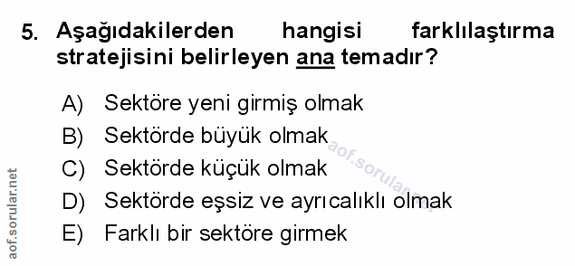 5. soru: Aşağıdakilerden hangisi farklılaştırma stratejisini belirleyen ana temadır? A) Sektöre yeni girmiş olmak Sektörde büy…