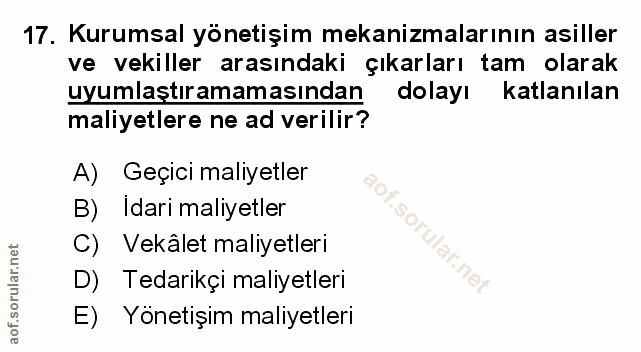 17. soru: Kurumsal yönetişim mekanizmalarının asiller ve vekiller arasındaki çıkarları tam olarak uyumlaştıramamasından dolayı…