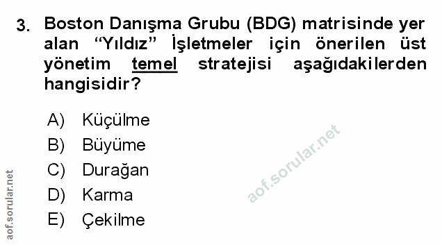 3. soru: Boston Danışma Grubu (BDG) matrisinde yer alan "Yıldız" İşletmeler için önerilen üst yönetim temel stratejisi aşağıda…