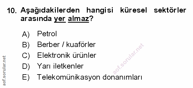 10. soru: Aşağıdakilerden hangisi küresel sektörler arasında yer almaz? A) Petrol B) Berber / kuaförler C) Elektronik ürünler D…
