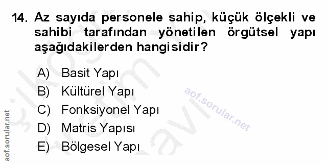 14. soru: Az sayıda personele sahip, küçük ölçekli ve sahibi tarafından yönetilen örgütsel yapı aşağıdakilerden hangisidir? A)…