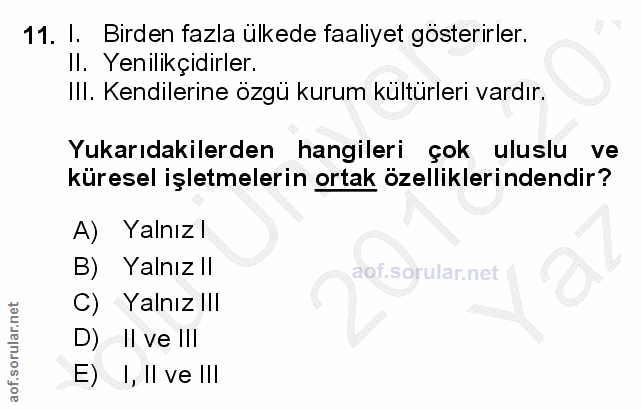 11. soru: 1. Birden fazla ülkede faaliyet gösterirler. Il. Yenilikçidirler. Ill. Kendilerine özgü kurum kültürleri vardır. Yuka…