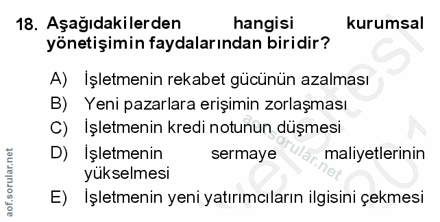 18. soru: Aşağıdakilerden hangisi kurumsal yönetişimin faydalarından biridir? A) İşletmenin rekabet gücünün azalması B) Yeni pa…