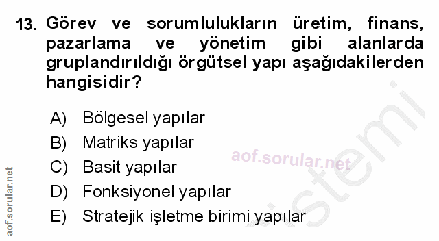 13. soru: Görev ve sorumlulukların üretim, finans, pazarlama ve yönetim gibi alanlarda gruplandırıldığı örgütsel yapı aşağıdaki…