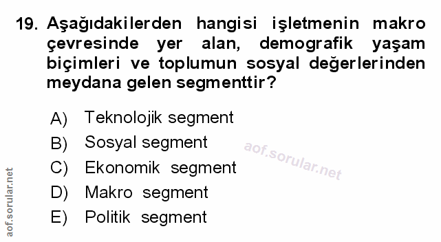 19. soru: Aşağıdakilerden hangisi işletmenin makro çevresinde yer alan, demografik yaşam biçimleri ve toplumun sosyal degerleri…